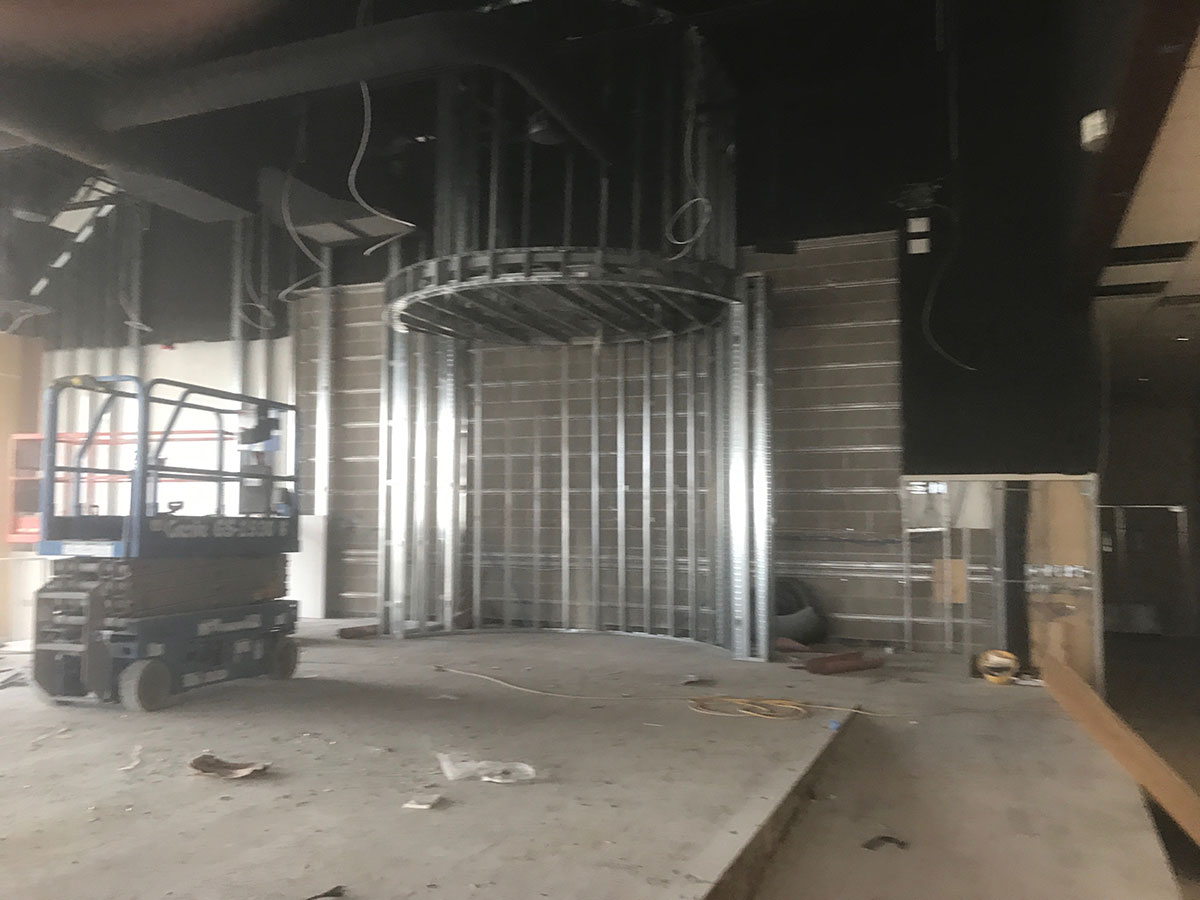 Curved steel stud framing for a feature wall at the Crave Restaurant buildout