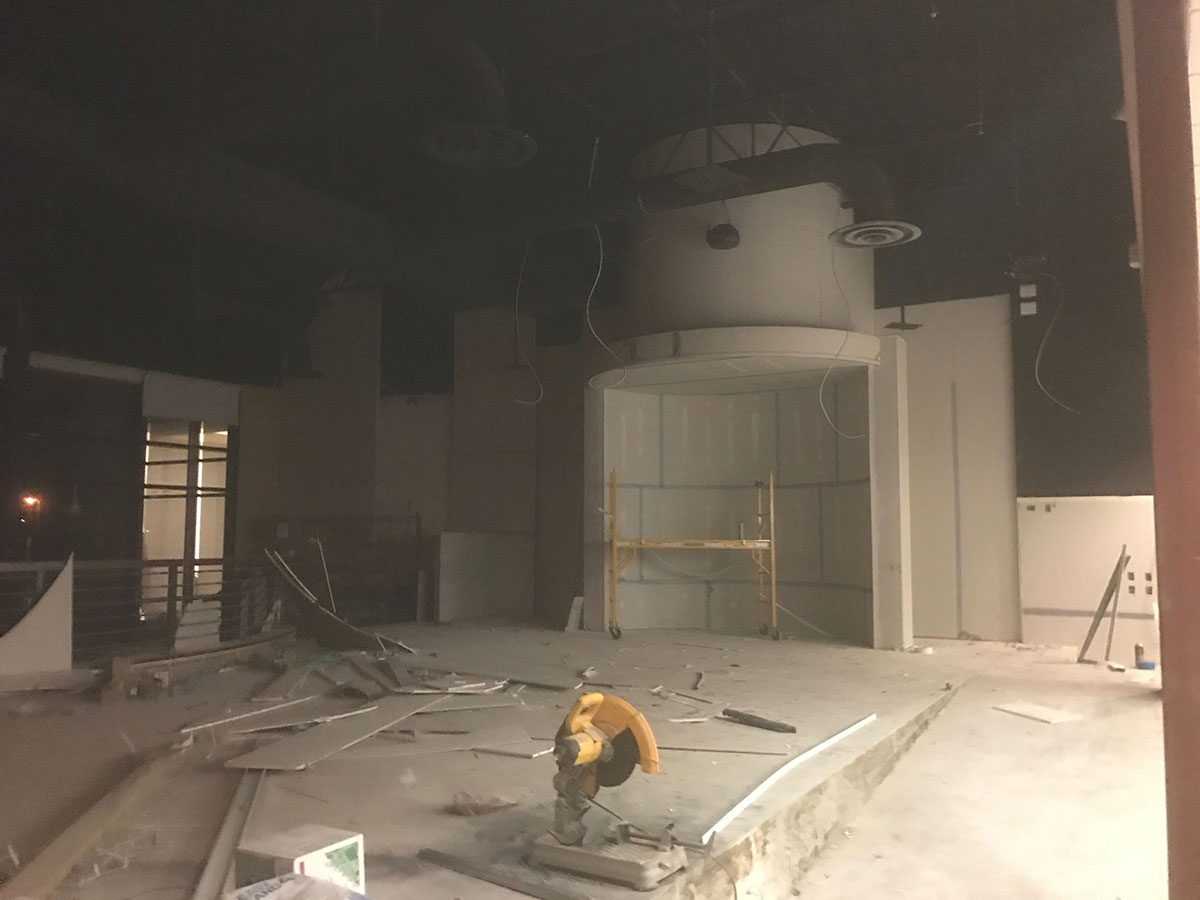 Crave Restaurant interior mid-build with framing and cut station