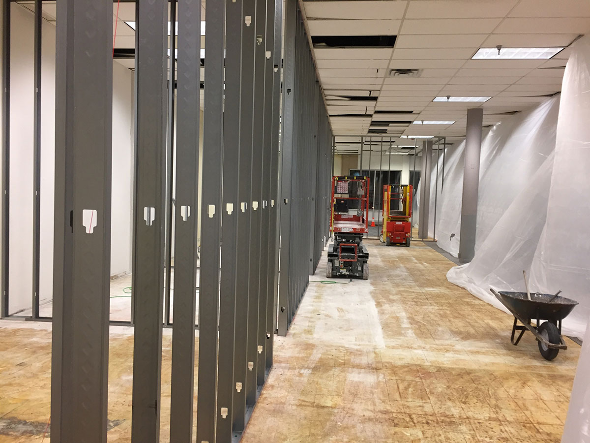 Steel stud framing corridor inside the Department of Labor Building project, Sioux Falls