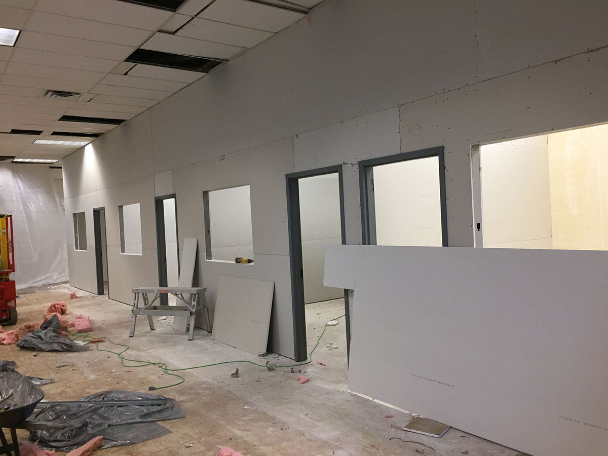 Office rooms hung with drywall, ready for taping, Department of Labor Building