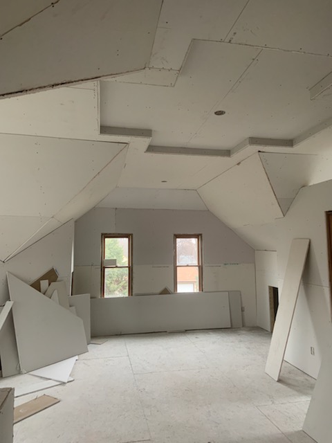 Vaulted ceiling, hung, real job-site photo by Wade's Drywall, Sioux Falls