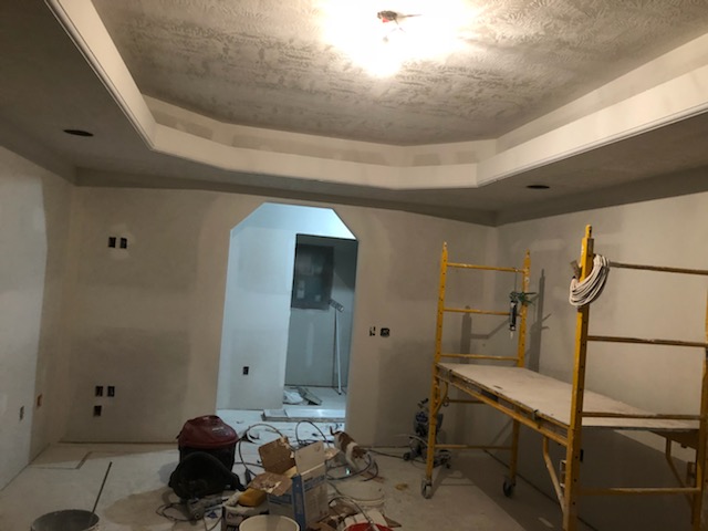 Tray ceiling, textured, real job-site photo by Wade's Drywall