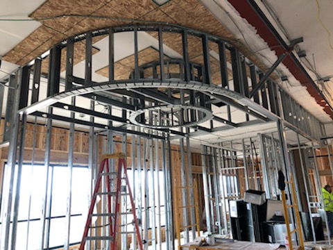 Custom radius framing, real job-site photo by Wade's Drywall, Sioux Falls