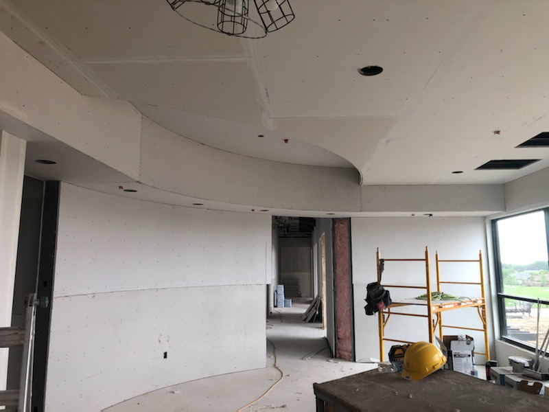 Curved soffit, hung, drywall and framing work by Wade's Drywall, Sioux Falls, 2021