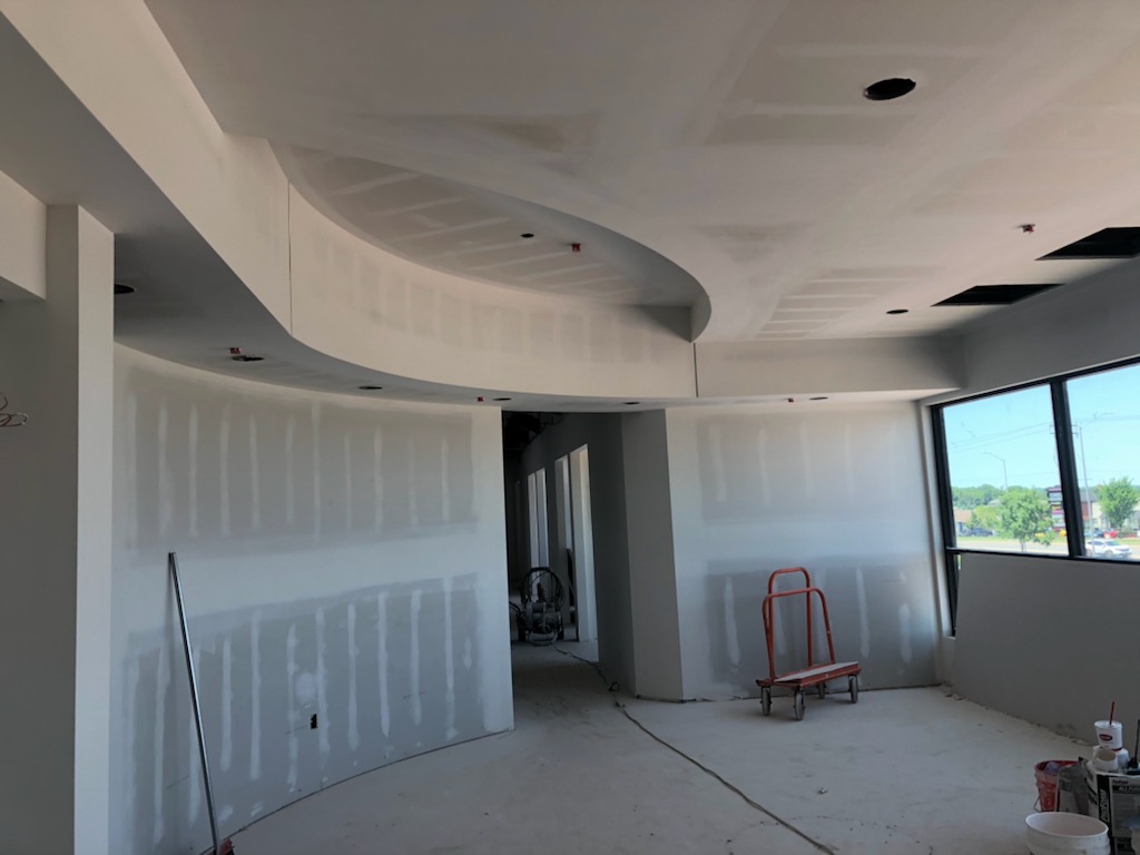 Curved ceiling, taped, real job-site photo by Wade's Drywall, Sioux Falls