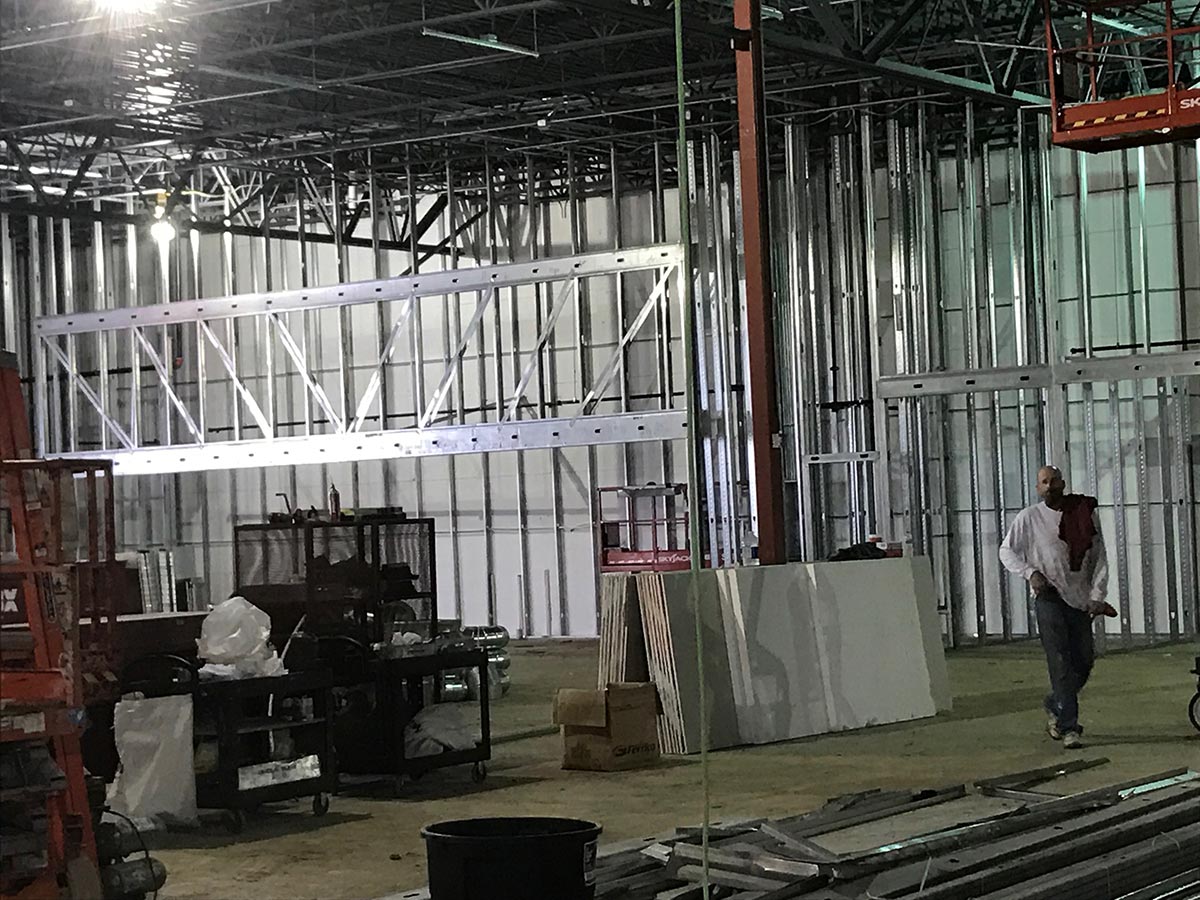 Large-scale structural steel framing inside the PetSmart buildout